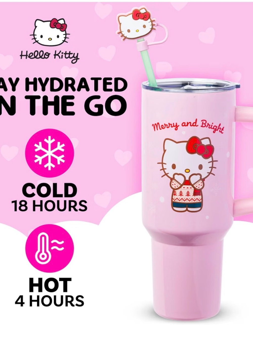 Hello Kitty Pink Merry and Bright Travel Tumbler with Straw - Picture 3 of 11